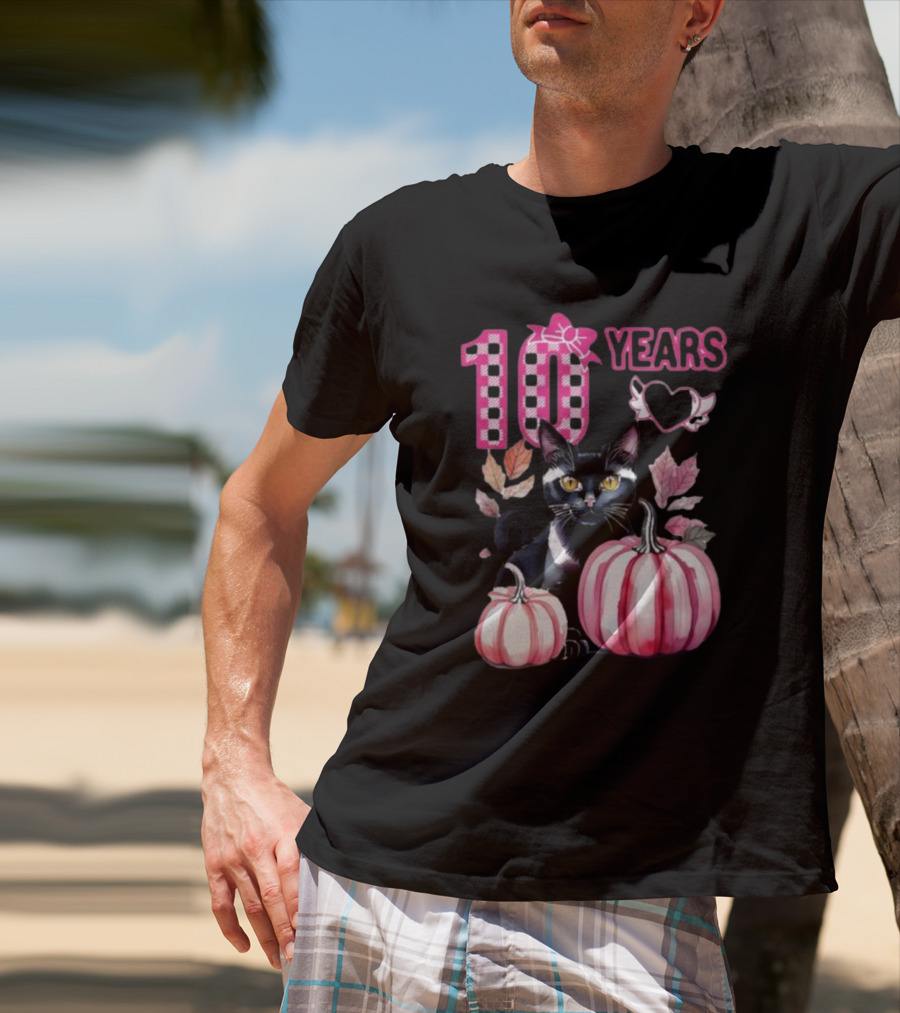 10 Years Black Cat Pink Pumpkin Birthday T-Shirt