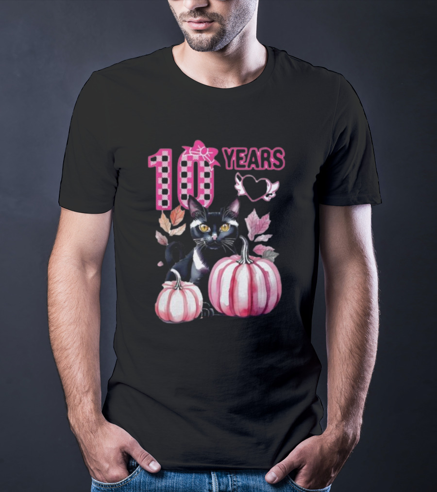 10 Years Black Cat Pink Pumpkin Birthday T-Shirt