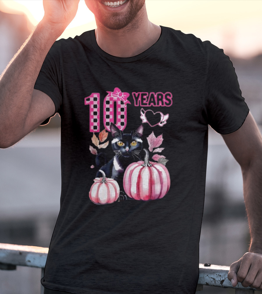 10 Years Black Cat Pink Pumpkin Birthday T-Shirt