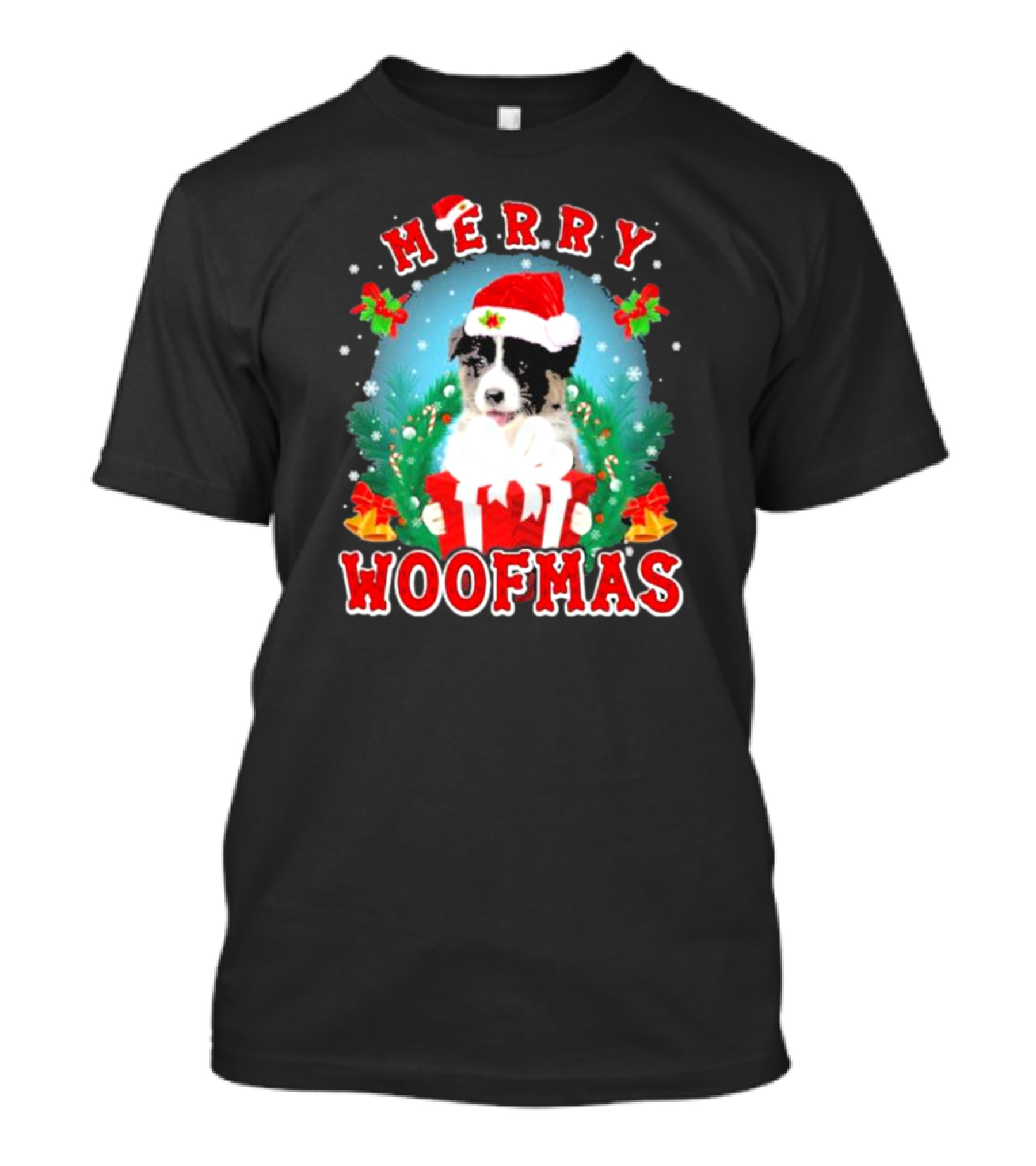Merry Woofmas Australian Shepherd Dog In Santa Hat With Christmas Gift T-Shirt