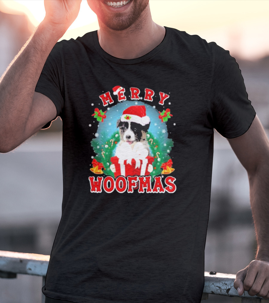Merry Woofmas Australian Shepherd Dog In Santa Hat With Christmas Gift T-Shirt