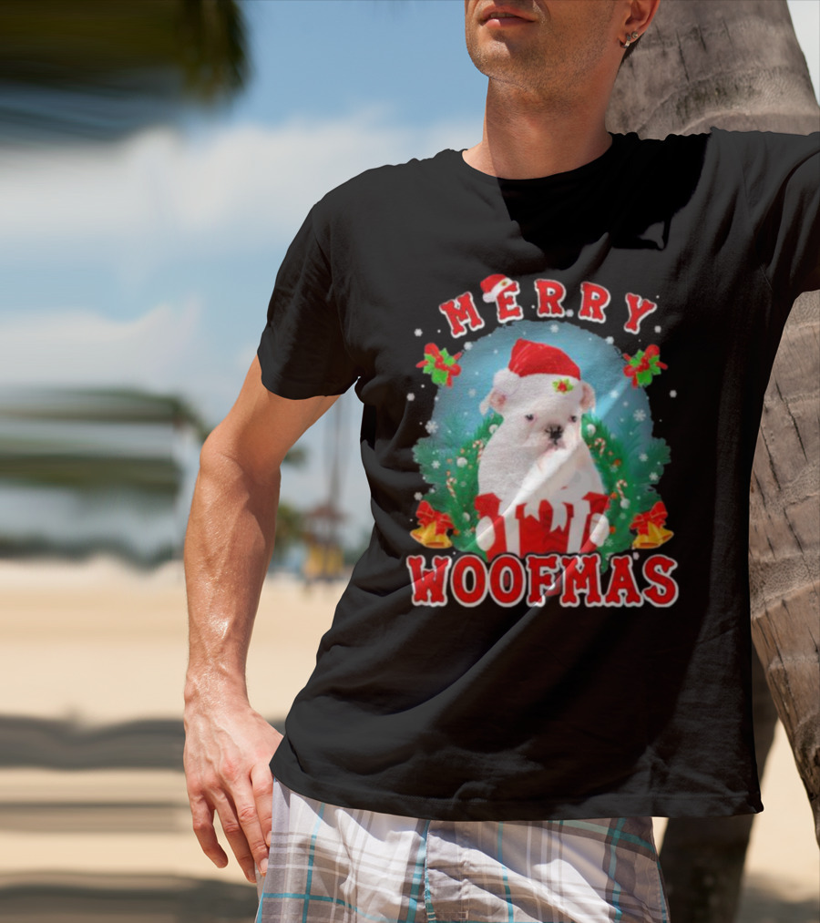 Bulldog In Santa Hat Merry Woofmas With Gifts And Bells T-Shirt