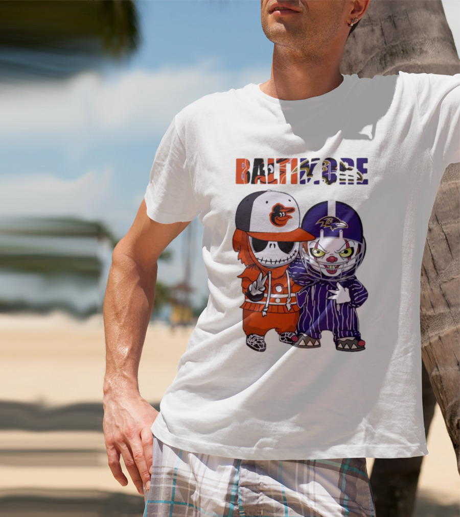 Baby Jack Skellington Pennywise Mashup Baltimore Orioles Ravens Halloween T-Shirt