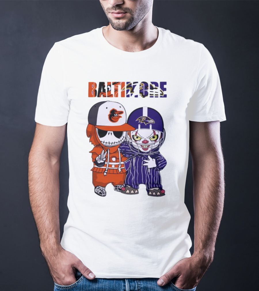 Baby Jack Skellington Pennywise Mashup Baltimore Orioles Ravens Halloween T-Shirt