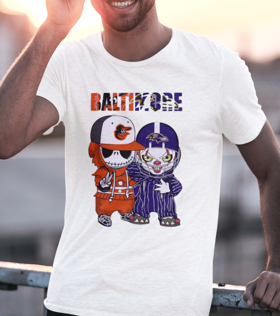 Baby Jack Skellington Pennywise Mashup Baltimore Orioles Ravens Halloween T-Shirt