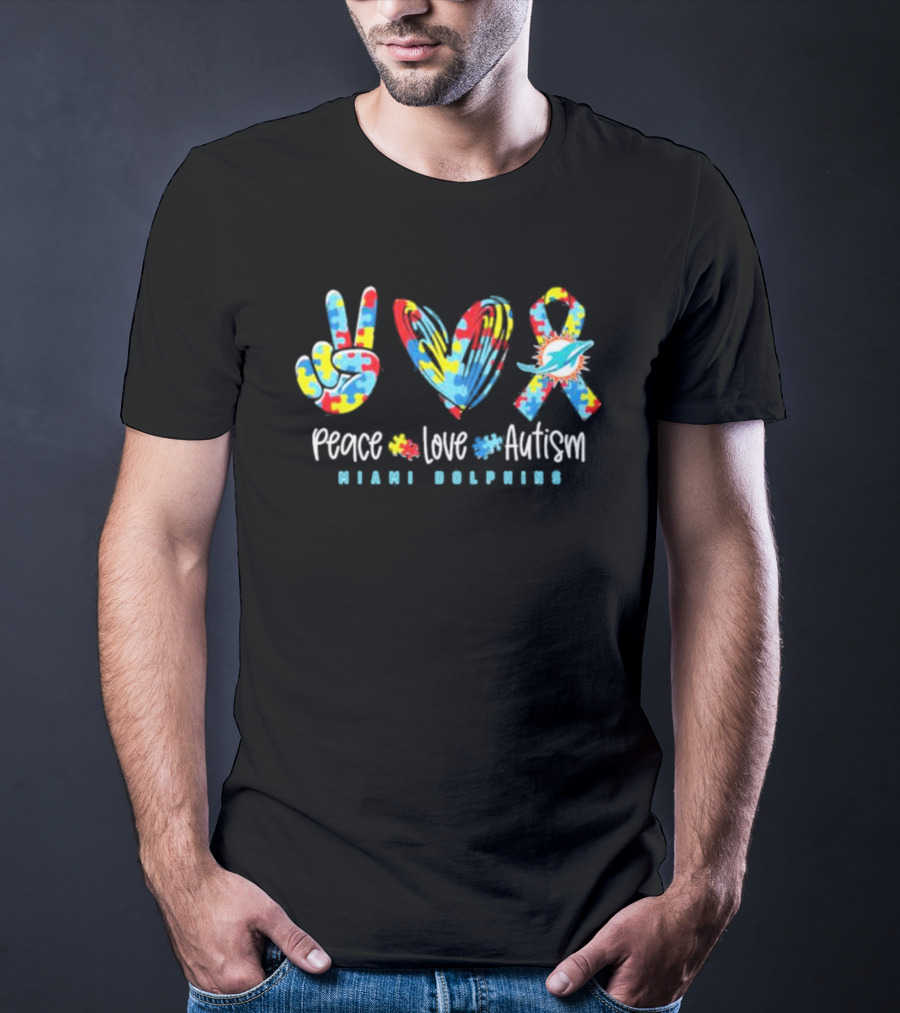 Peace Love Autism Miami Dolphins NFL Puzzle T-Shirt
