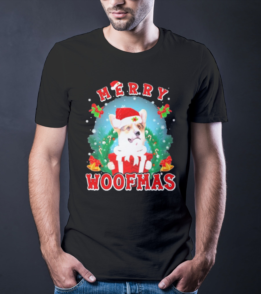 Merry Woofmas Welsh Corgi In Santa Hat With Presents And Christmas Decorations T-Shirt