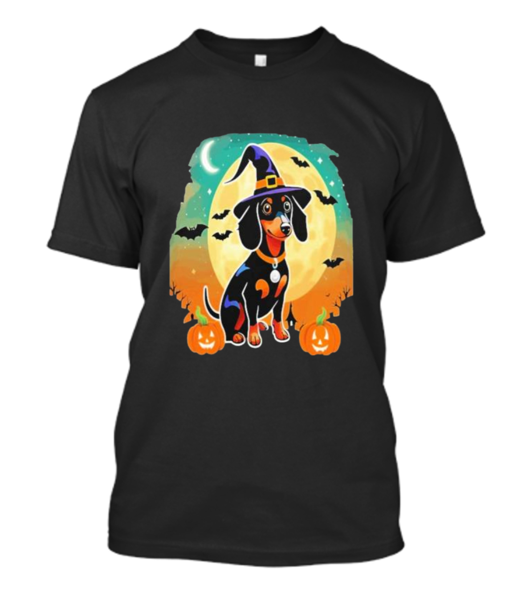 Dachshund Dog Witch Hat Moon Bats Pumpkins T-Shirt