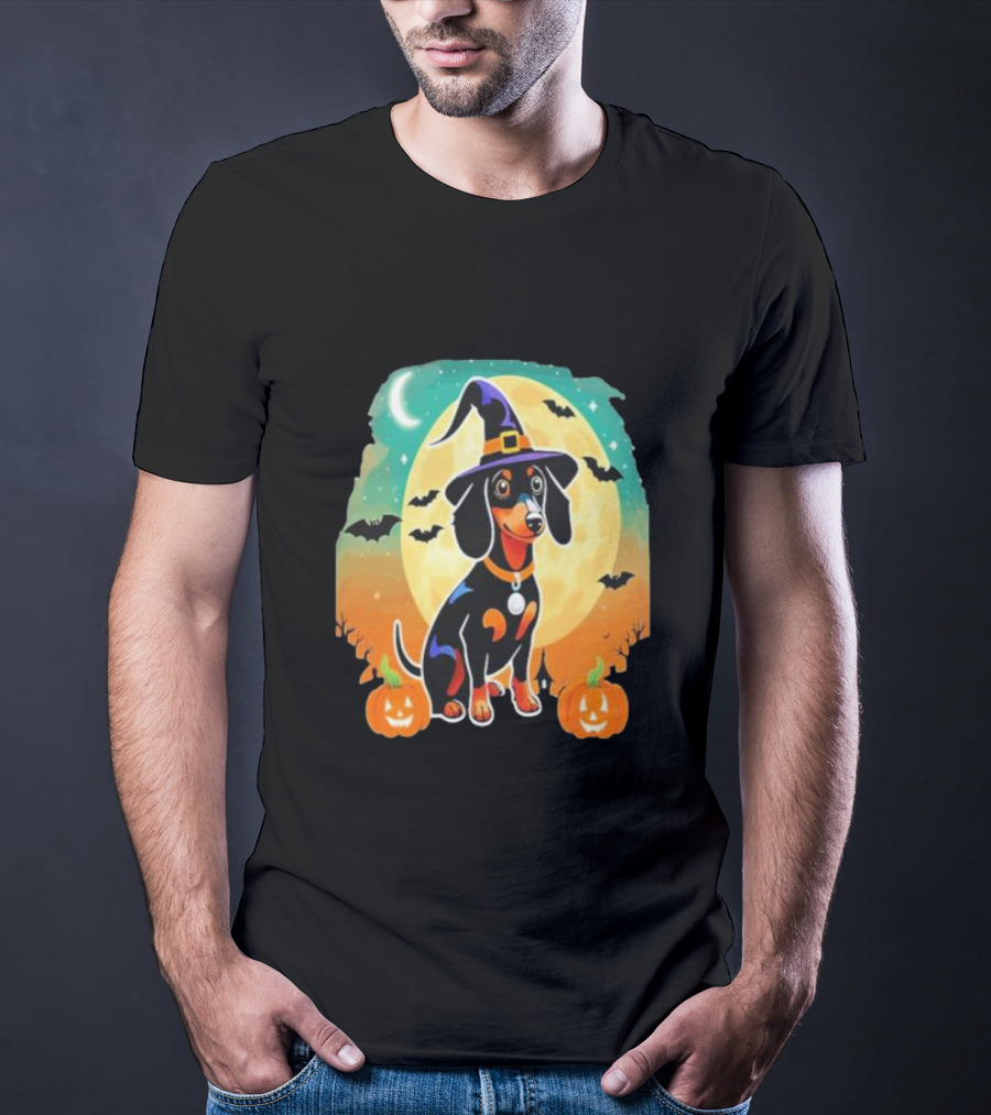 Dachshund Dog Witch Hat Moon Bats Pumpkins T-Shirt