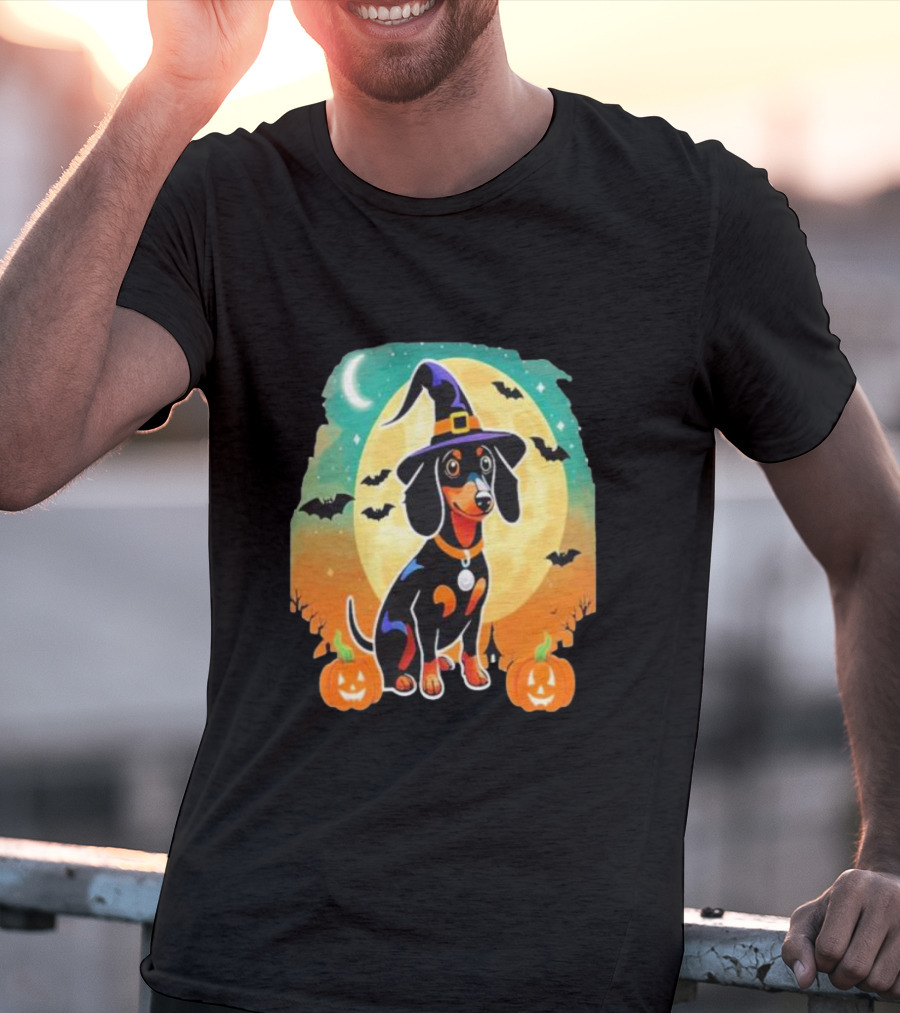 Dachshund Dog Witch Hat Moon Bats Pumpkins T-Shirt