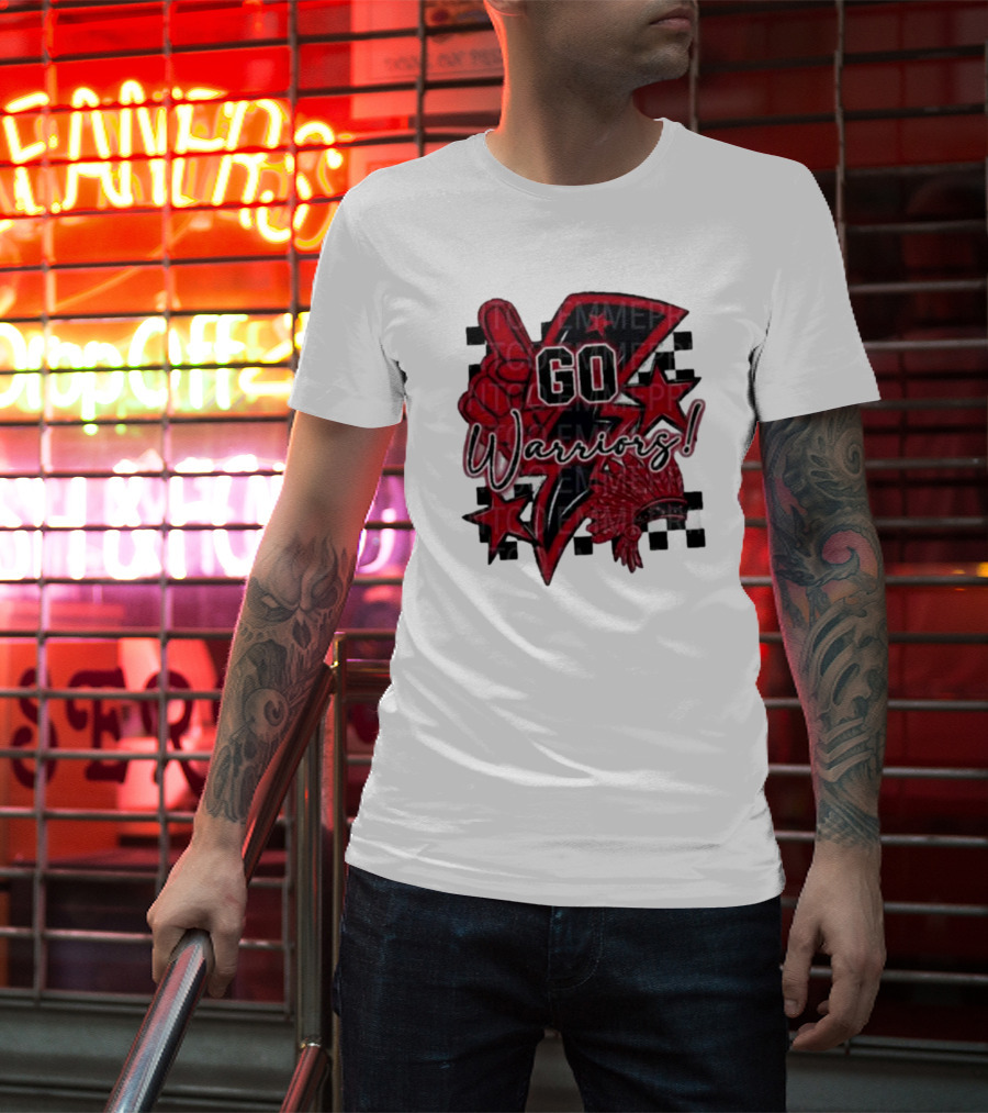 Go Warriors Football Sublimation With Foam Finger And Red Headdress T-Shirt