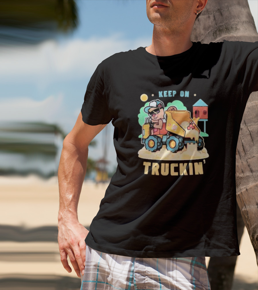 Keep On Truckin’ Cartoon Dog Driving Dump Truck With Doghouse And Sun T-Shirt