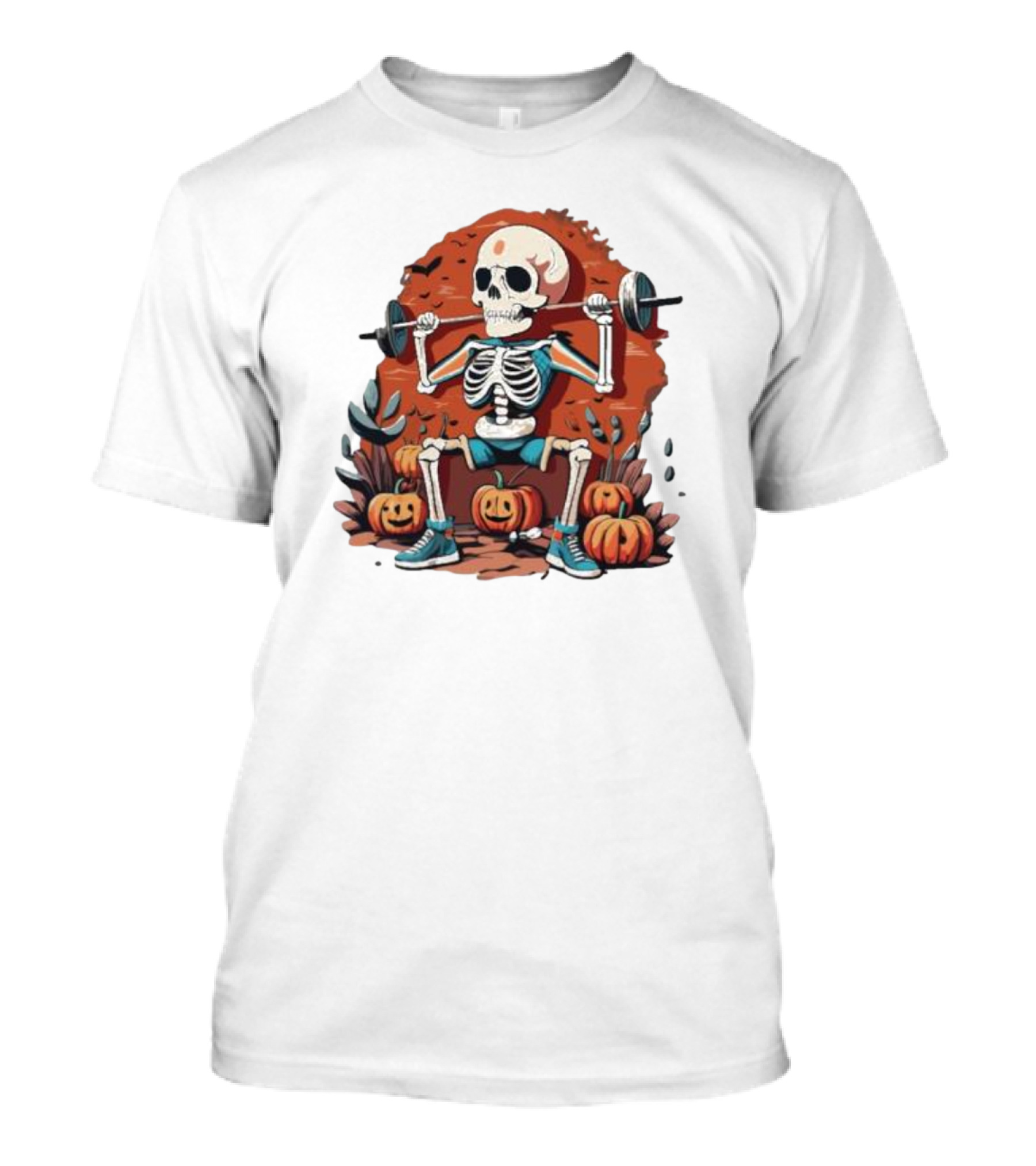 Skeleton Lifting Weights With Pumpkins Halloween Fitness T-Shirt