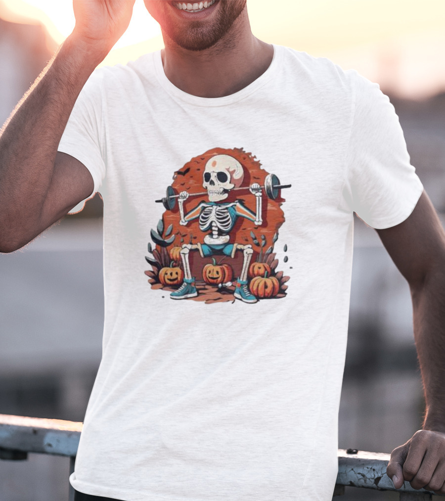 Skeleton Lifting Weights With Pumpkins Halloween Fitness T-Shirt