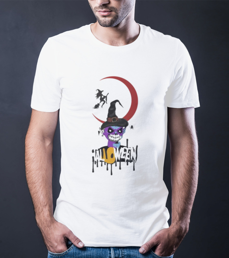 Witch Horror Halloween Blood Moon With Witch Hat And Skull T-Shirt