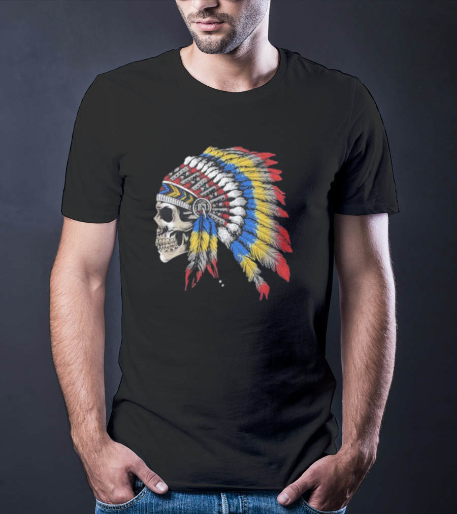 Skull War Chief Colorful Feather Headdress T-Shirt