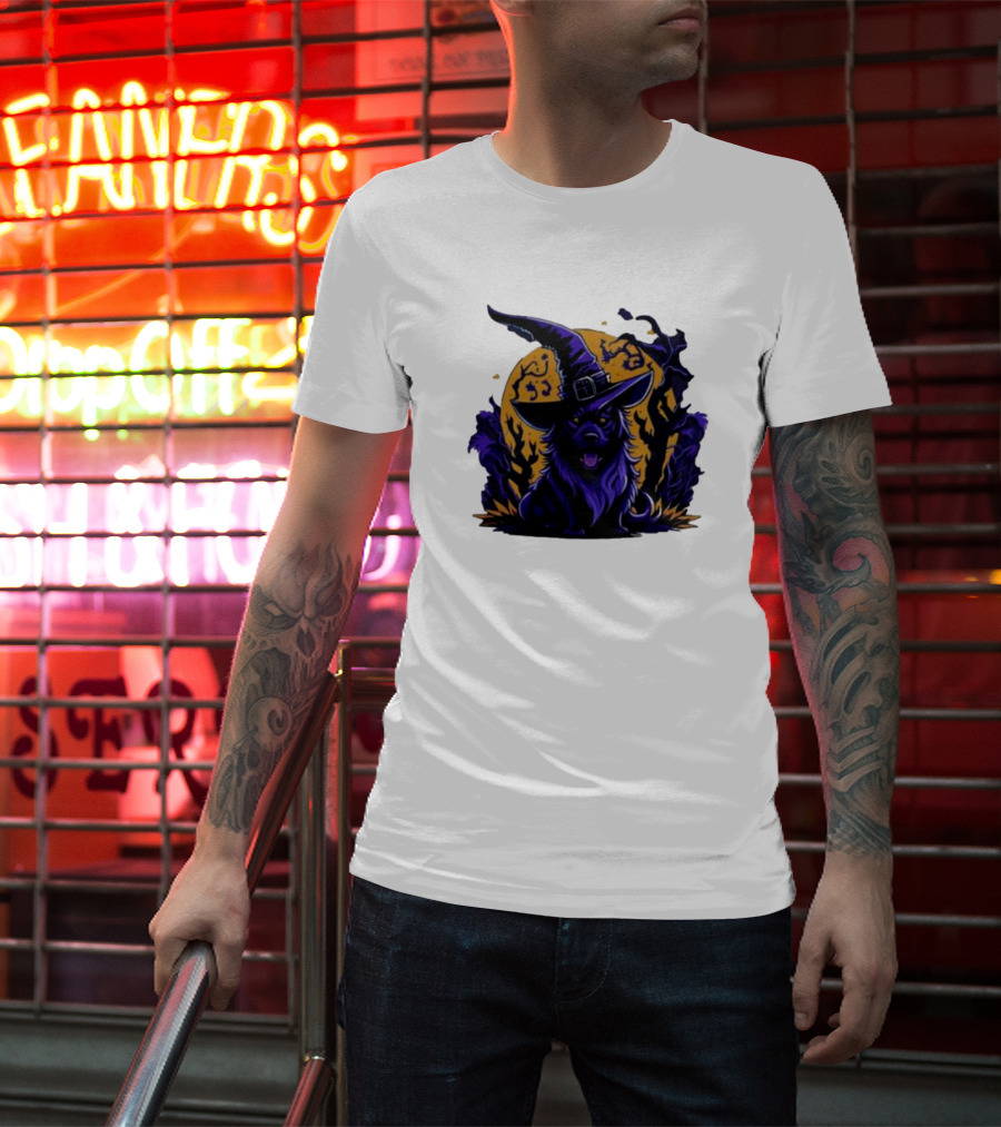 Halloween Witch Dog In Spooky Forest Horror Scene T-Shirt