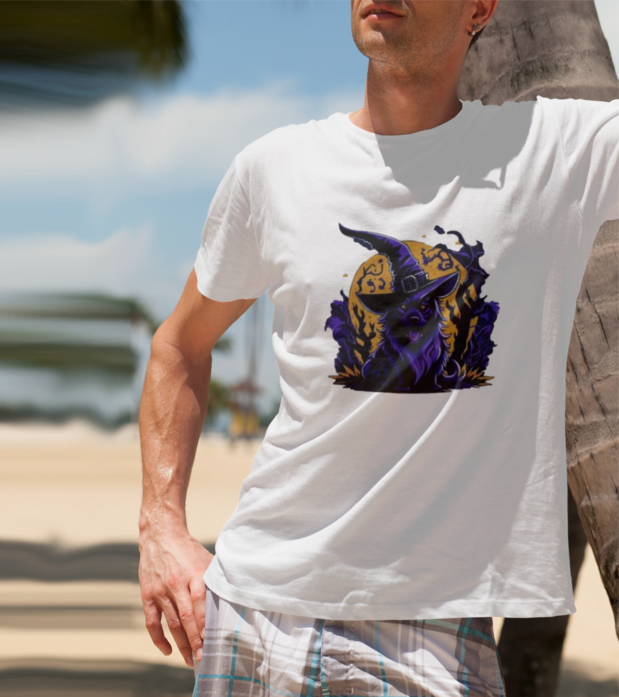 Halloween Witch Dog In Spooky Forest Horror Scene T-Shirt