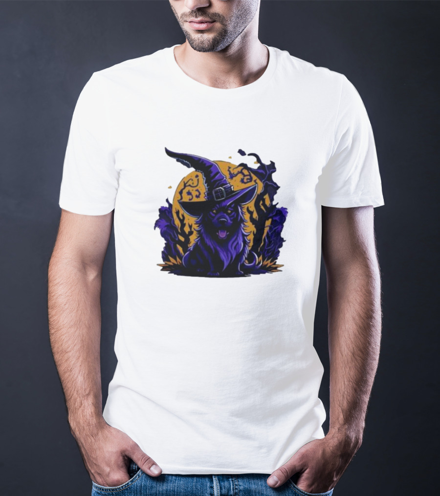 Halloween Witch Dog In Spooky Forest Horror Scene T-Shirt