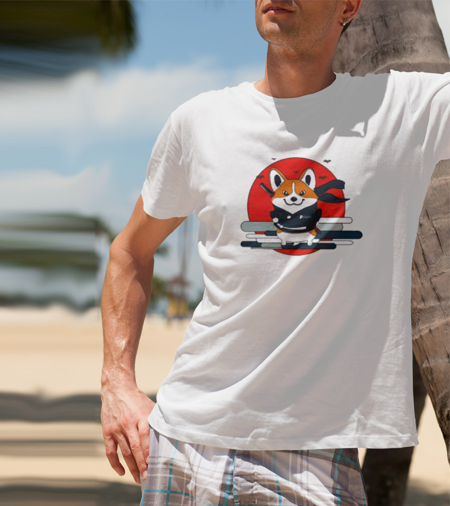 Ninja Corgi Red Sun With Bats T-Shirt