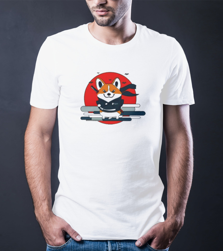 Ninja Corgi Red Sun With Bats T-Shirt