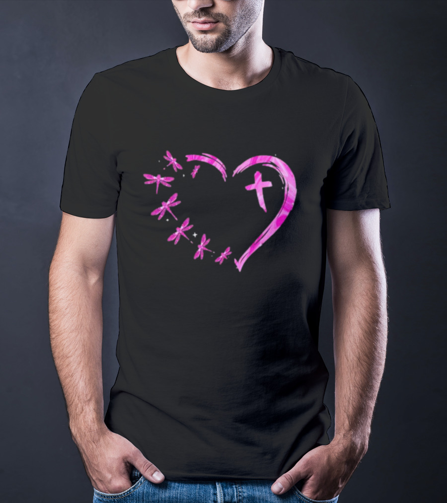 Dragonfly Pink Diamond Heart Cross Motif T-Shirt