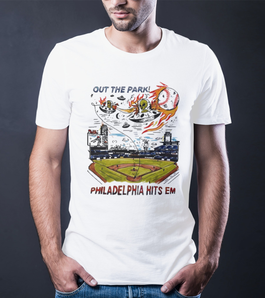 Out The Park Philadelphia Hits 'Em Alien Baseball Explosion T-Shirt