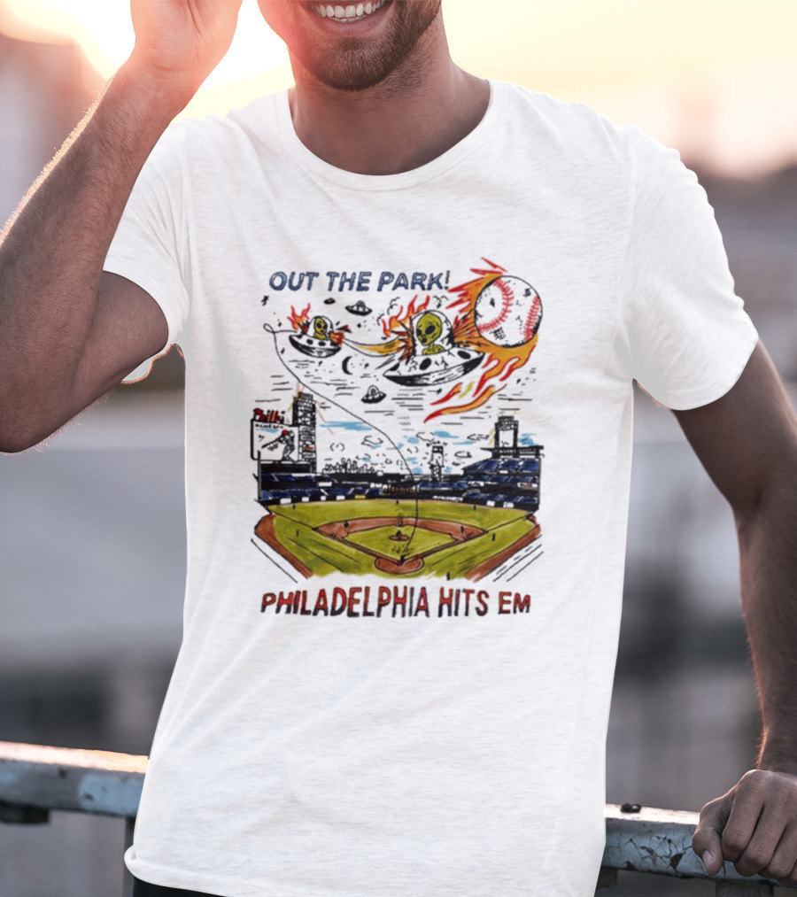 Out The Park Philadelphia Hits 'Em Alien Baseball Explosion T-Shirt