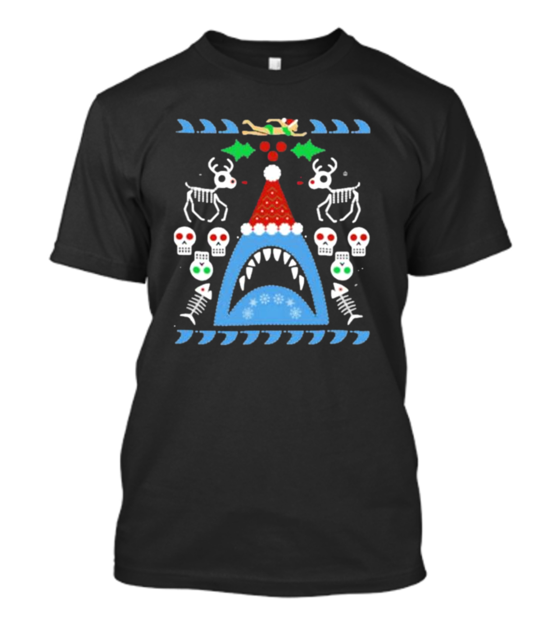 Santa Jaws Ugly Christmas Sweater With Shark, Skeleton Reindeer, And Skulls T-Shirt