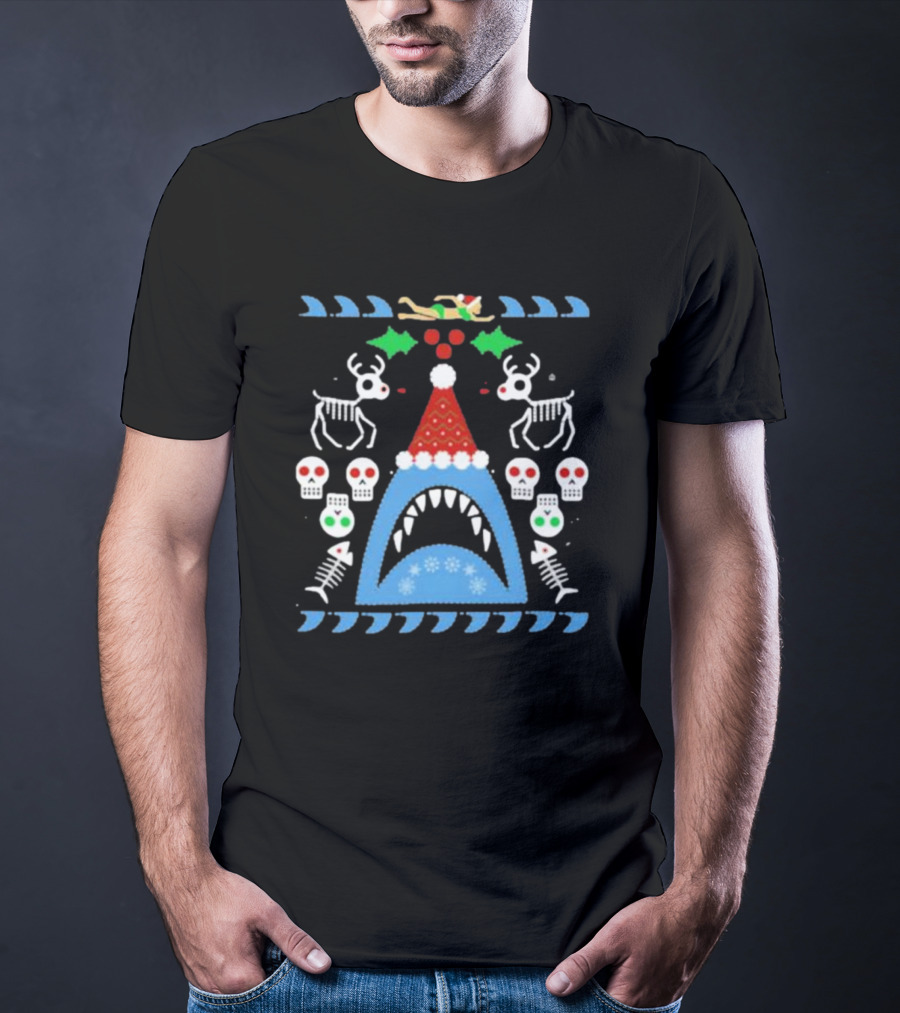 Santa Jaws Ugly Christmas Sweater With Shark, Skeleton Reindeer, And Skulls T-Shirt
