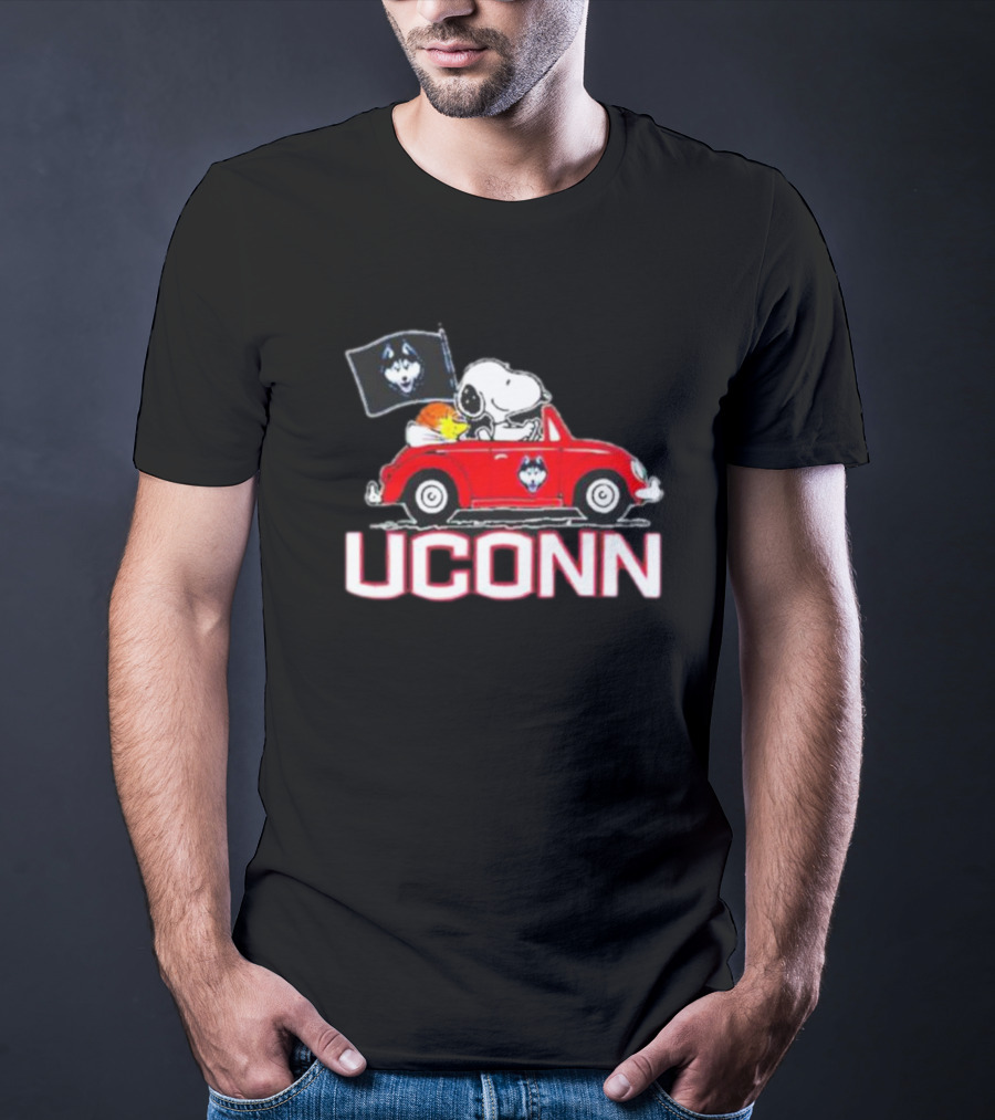 UCONN Huskies Snoopy And Woodstock Driving Red Car With Flag T-Shirt