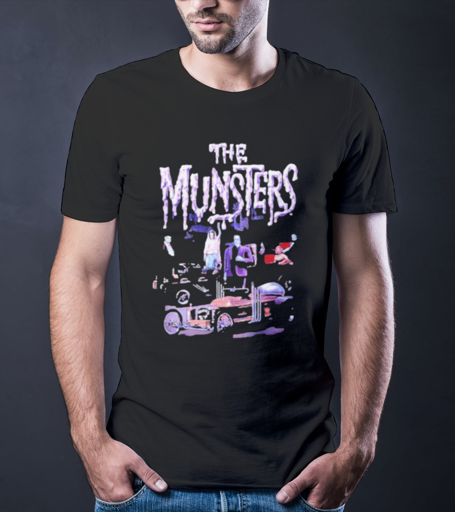 The Munsters Classic Characters With Hot Rod And Dragula Car Halloween T-Shirt