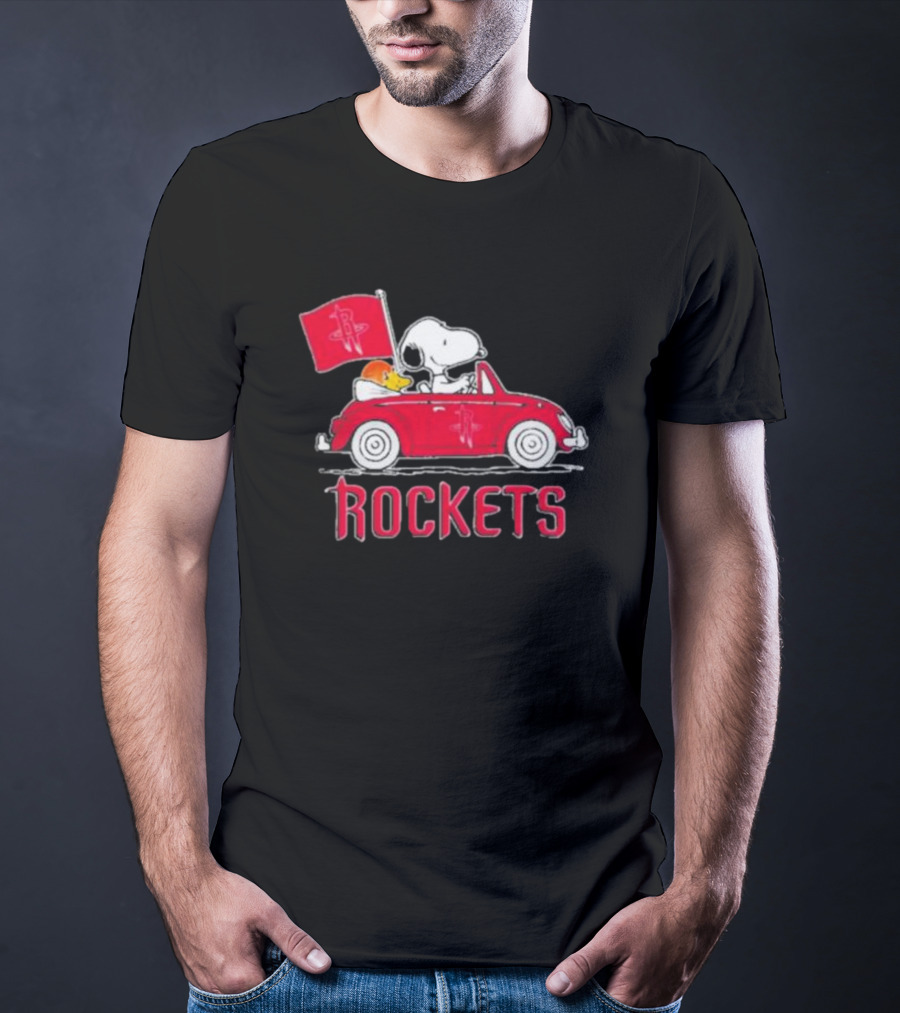 Houston Rockets Snoopy Dog Driving Red Car With Basketball Flag T-Shirt