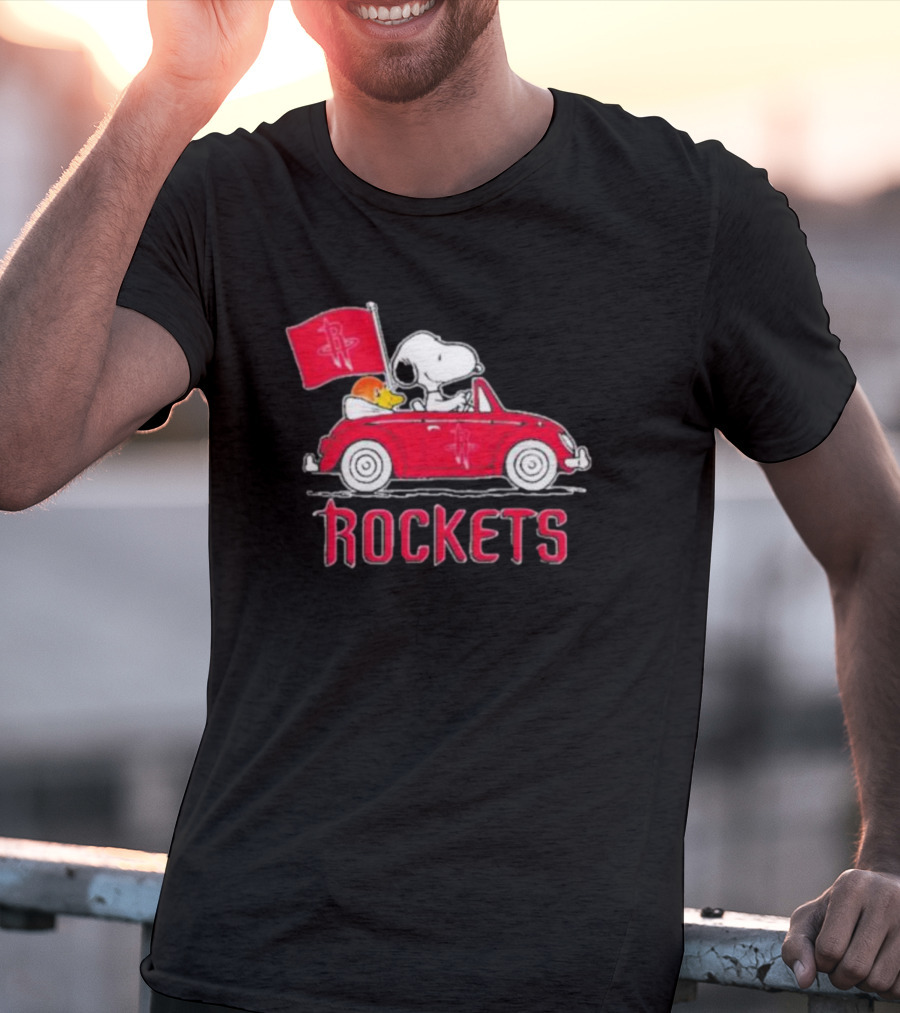 Houston Rockets Snoopy Dog Driving Red Car With Basketball Flag T-Shirt