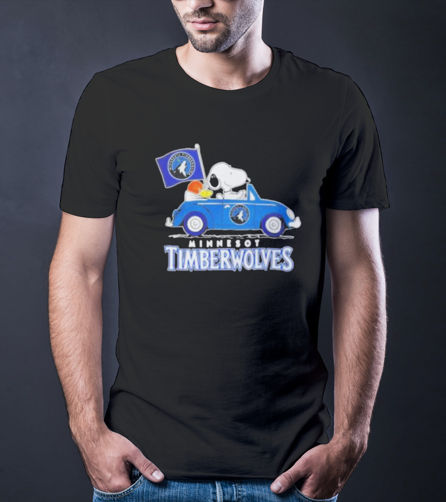 Minnesota Timberwolves Snoopy Dog Driving Blue Car Holding Basketball Flag T-Shirt