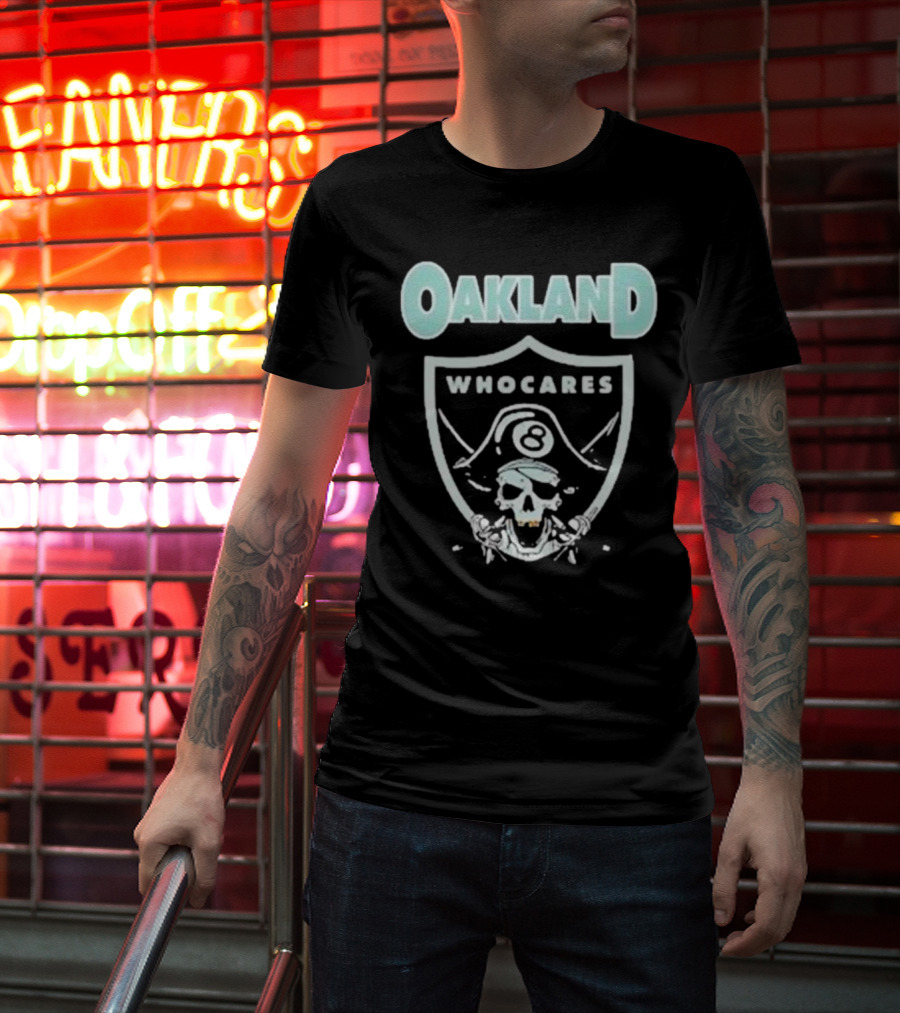 Oakland Who Cares 8 Pirate Skull Shield T-Shirt