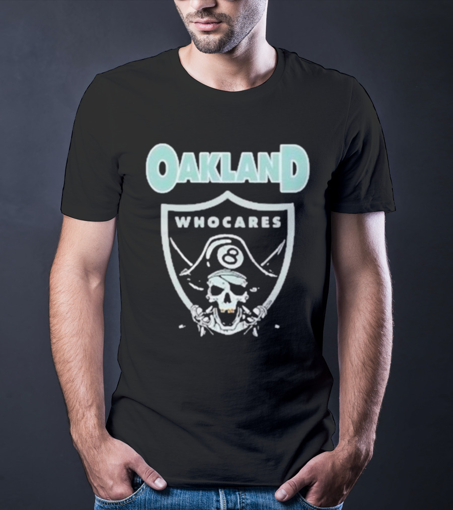 Oakland Who Cares 8 Pirate Skull Shield T-Shirt