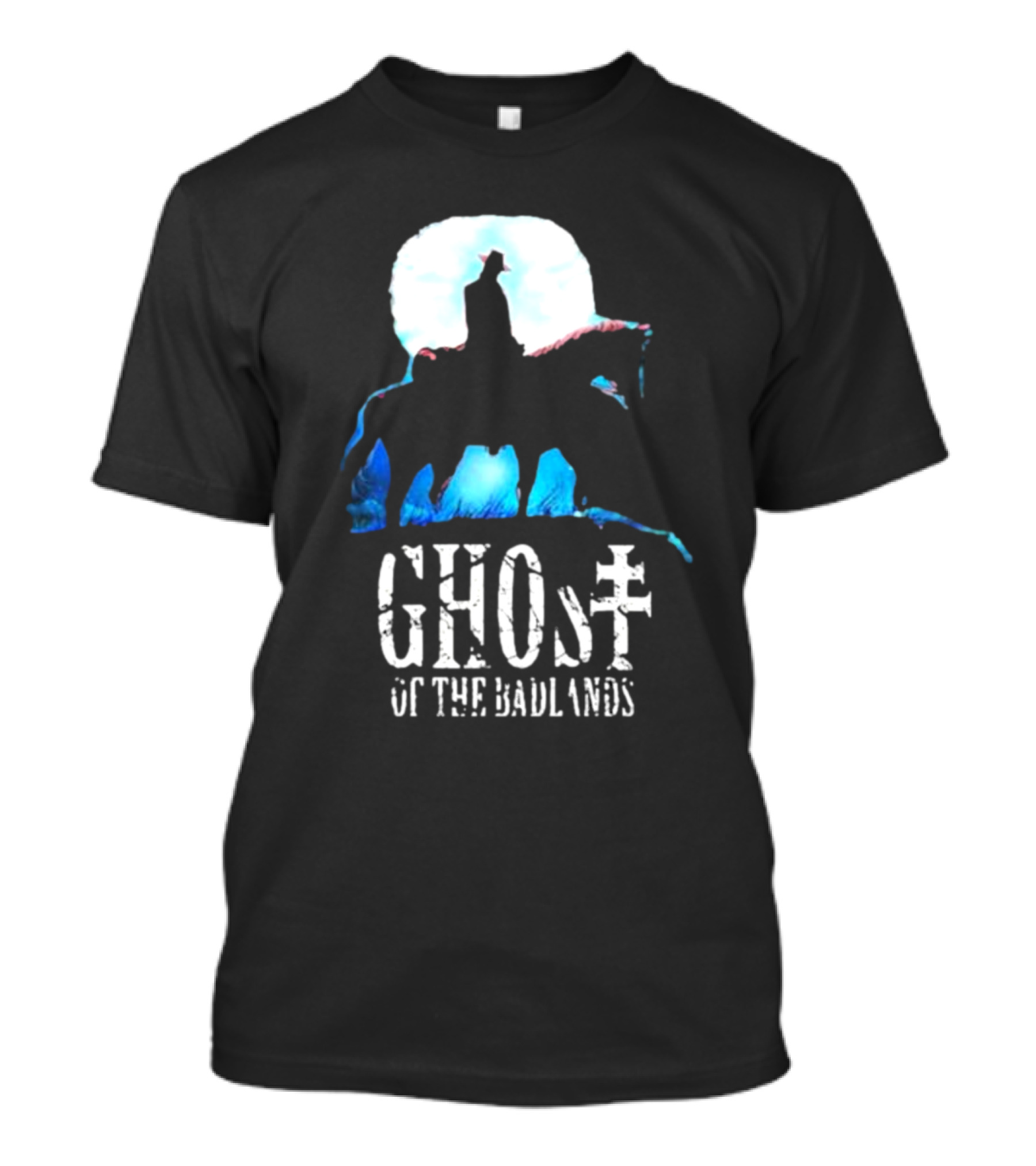 Ghost Of The Badlands Cowboy Silhouette Moonlit Horseback Scene T-Shirt