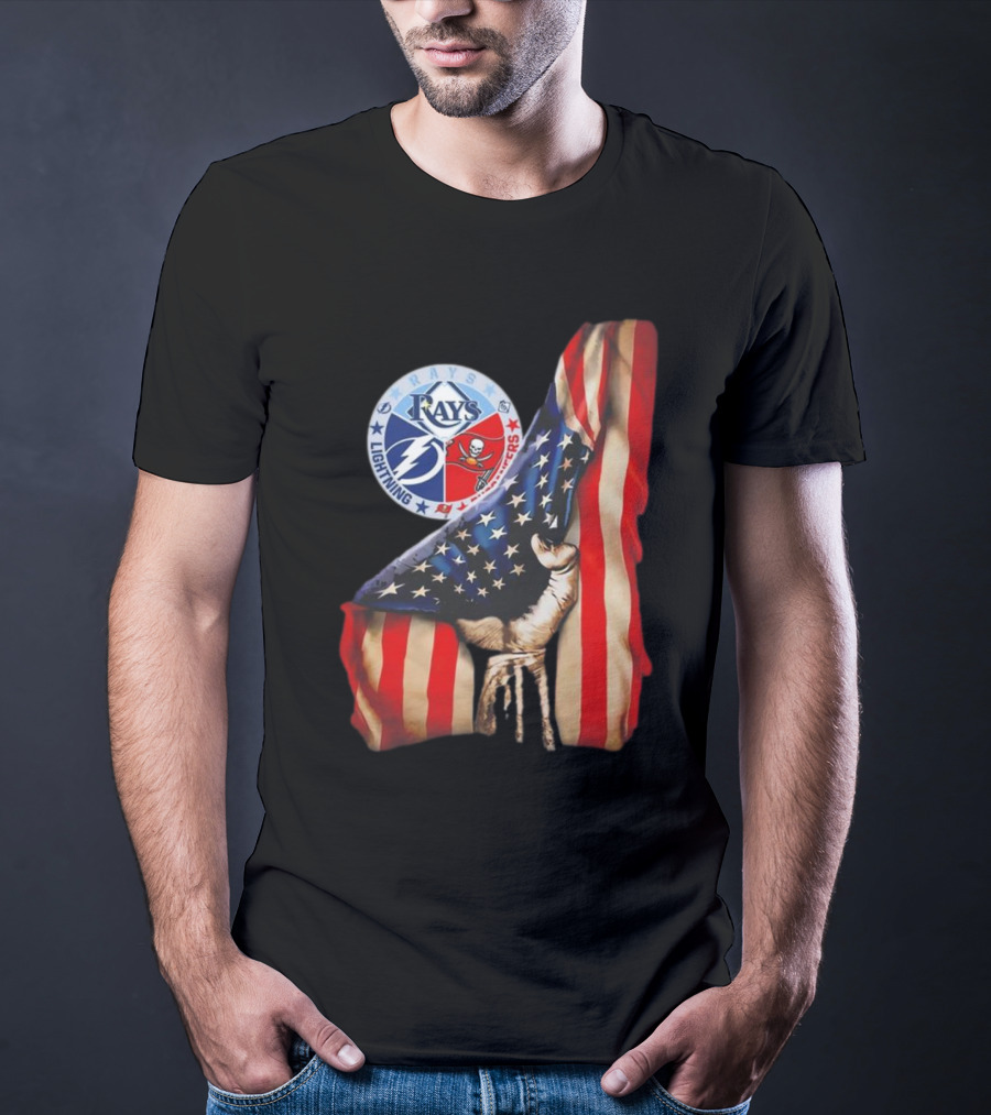Tampa Bay Rays Lightning Buccaneers American Flag Fist T-Shirt