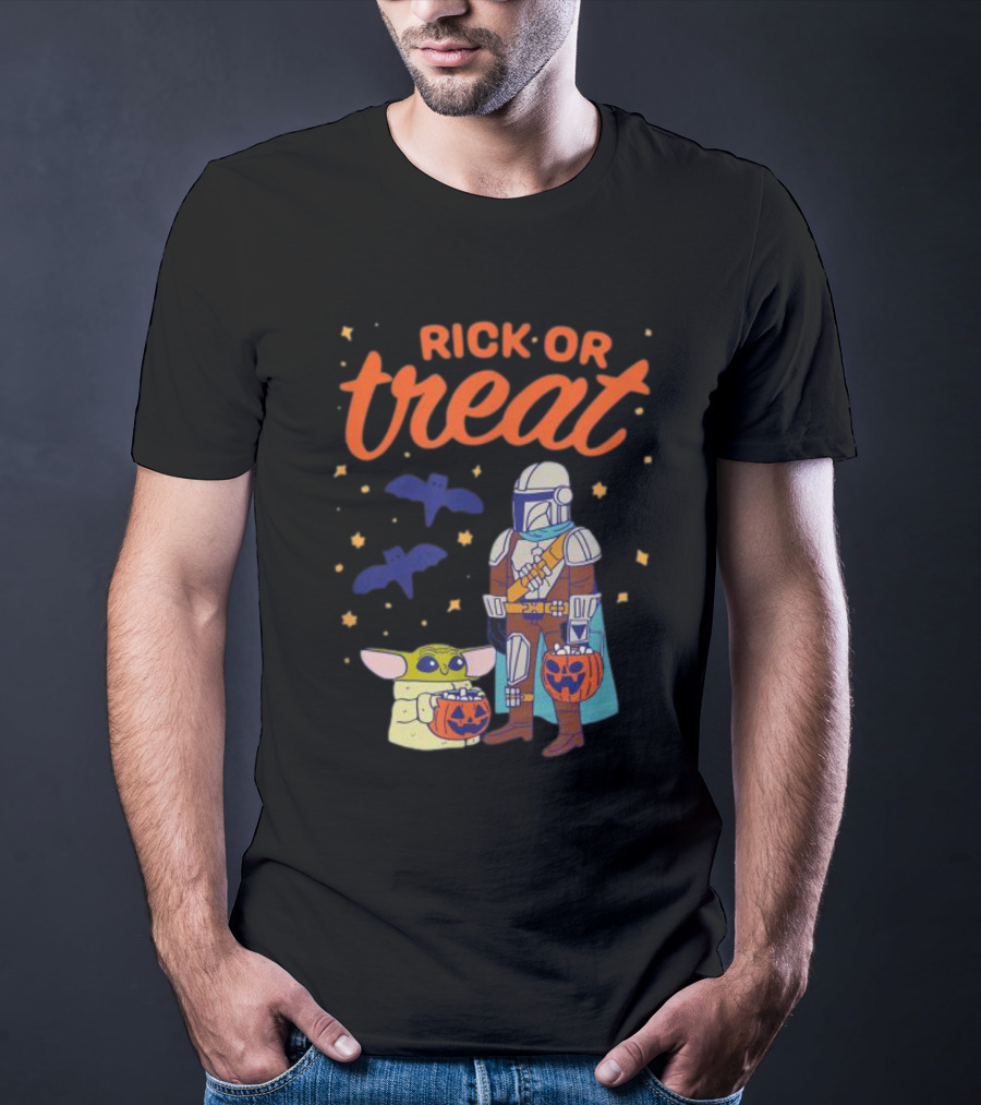 Rick Or Treat The Mandalorian And Grogu Halloween Pumpkin Buckets With Bats And Stars T-Shirt