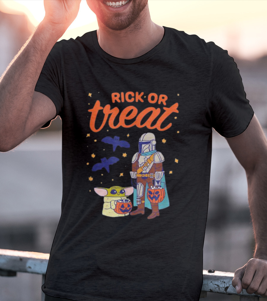 Rick Or Treat The Mandalorian And Grogu Halloween Pumpkin Buckets With Bats And Stars T-Shirt