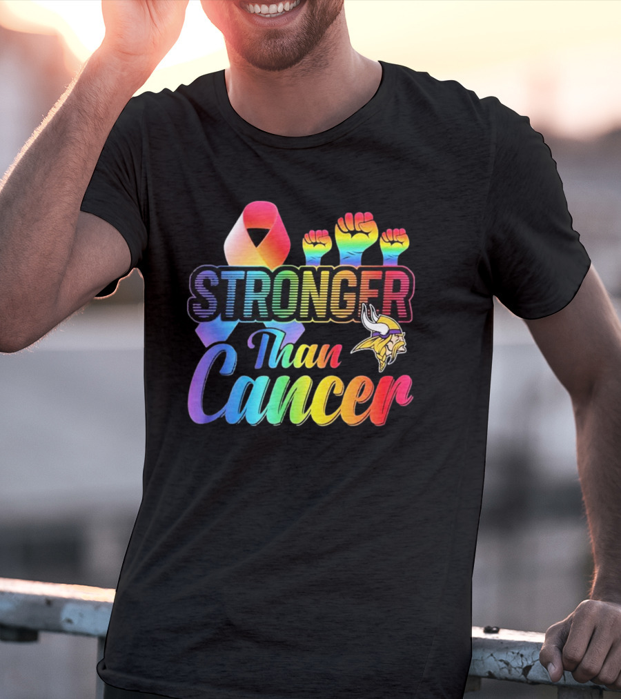 Minnesota Vikings Stronger Than Cancer With Rainbow Ribbon And Fists T-Shirt