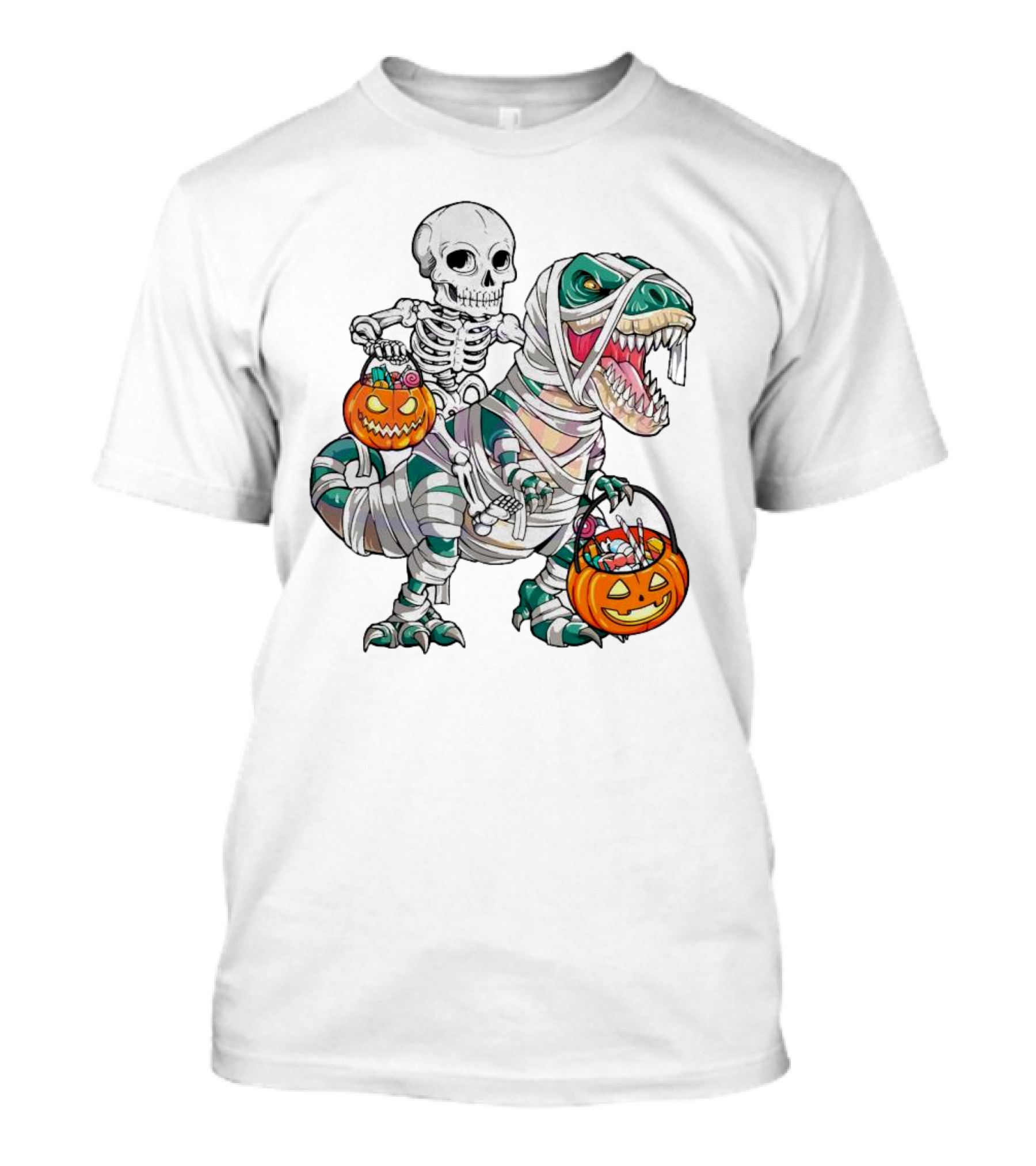 Spooky Saurus Rex Skeleton With Halloween Pumpkin Duo T-Shirt