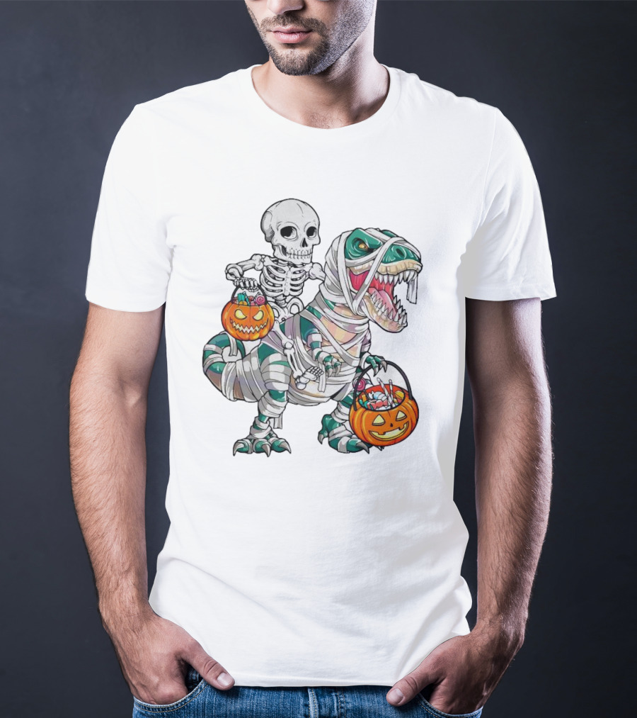 Spooky Saurus Rex Skeleton With Halloween Pumpkin Duo T-Shirt