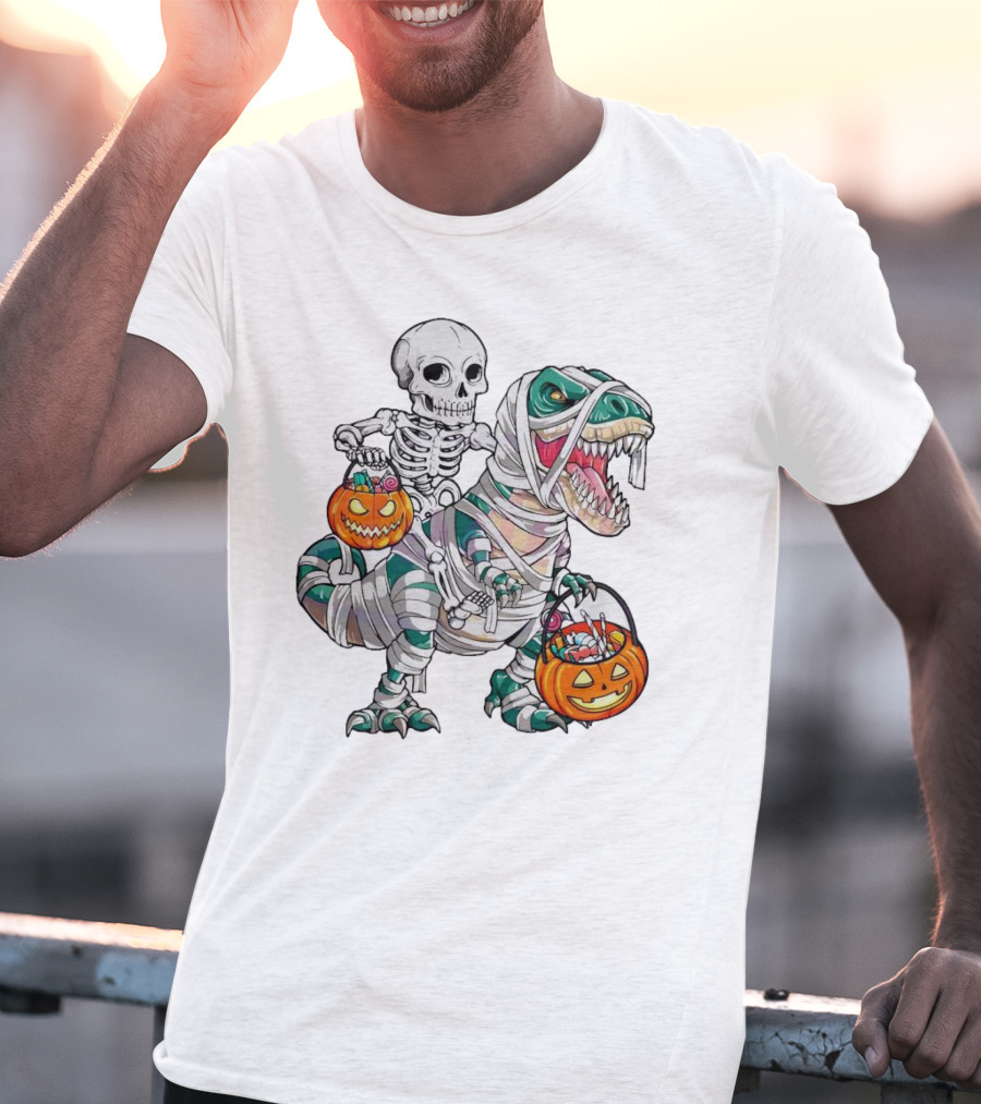 Spooky Saurus Rex Skeleton With Halloween Pumpkin Duo T-Shirt
