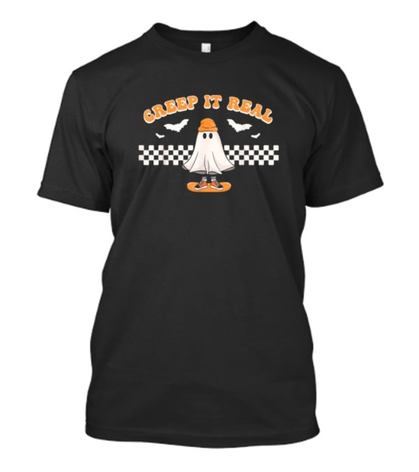 Creep It Real Ghost Skater Halloween Checkerboard Bats T-Shirt