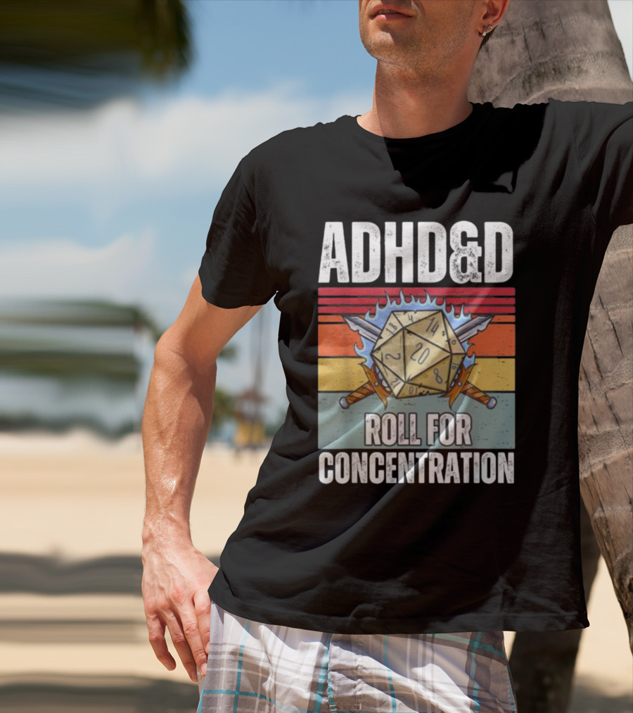 ADHD&D Roll For Concentration Retro Dice Sword Gamer T-Shirt