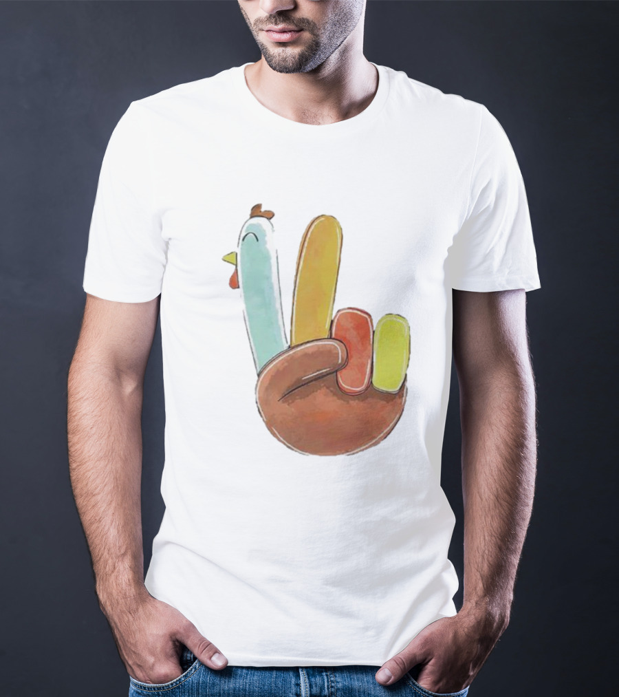 Thanksgiving Hand Gesture Cute Turkey Peace Sign Holiday Fun T-Shirt