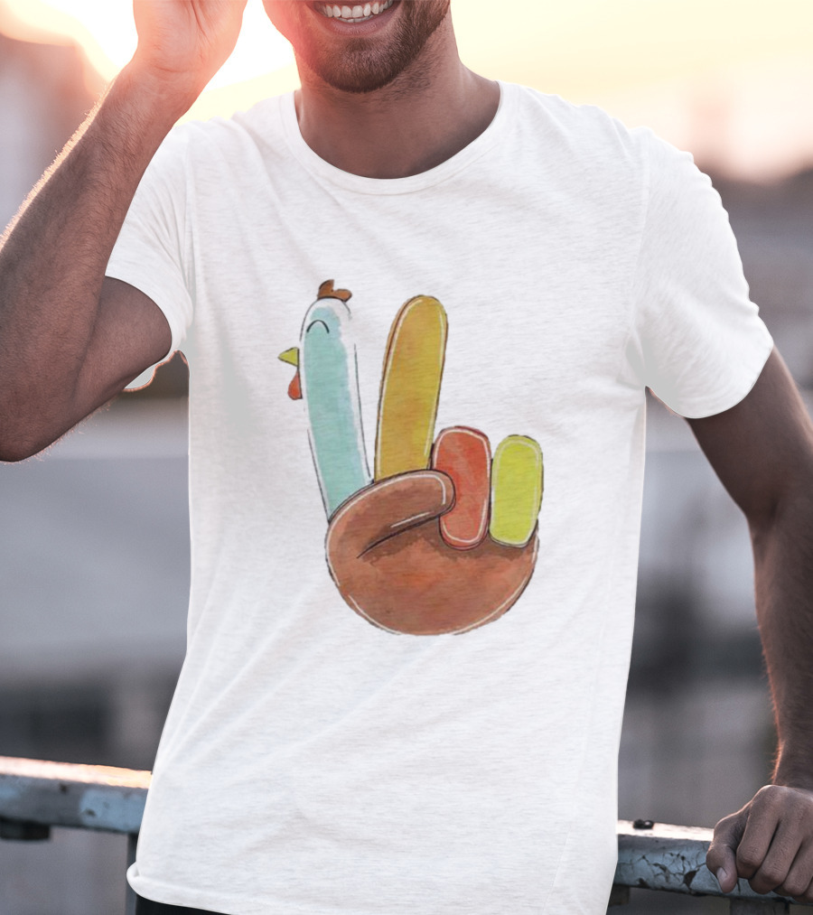 Thanksgiving Hand Gesture Cute Turkey Peace Sign Holiday Fun T-Shirt