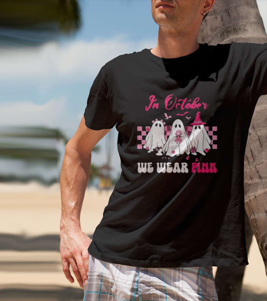 In October We Wear Pink Breast Cancer Ghost Halloween Groovy T-Shirt